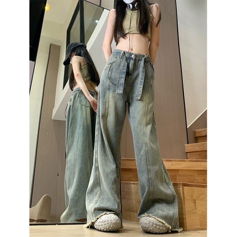復古毛邊腰帶牛仔褲女2023秋季新款高腰寬鬆顯瘦百搭闊腿褲子