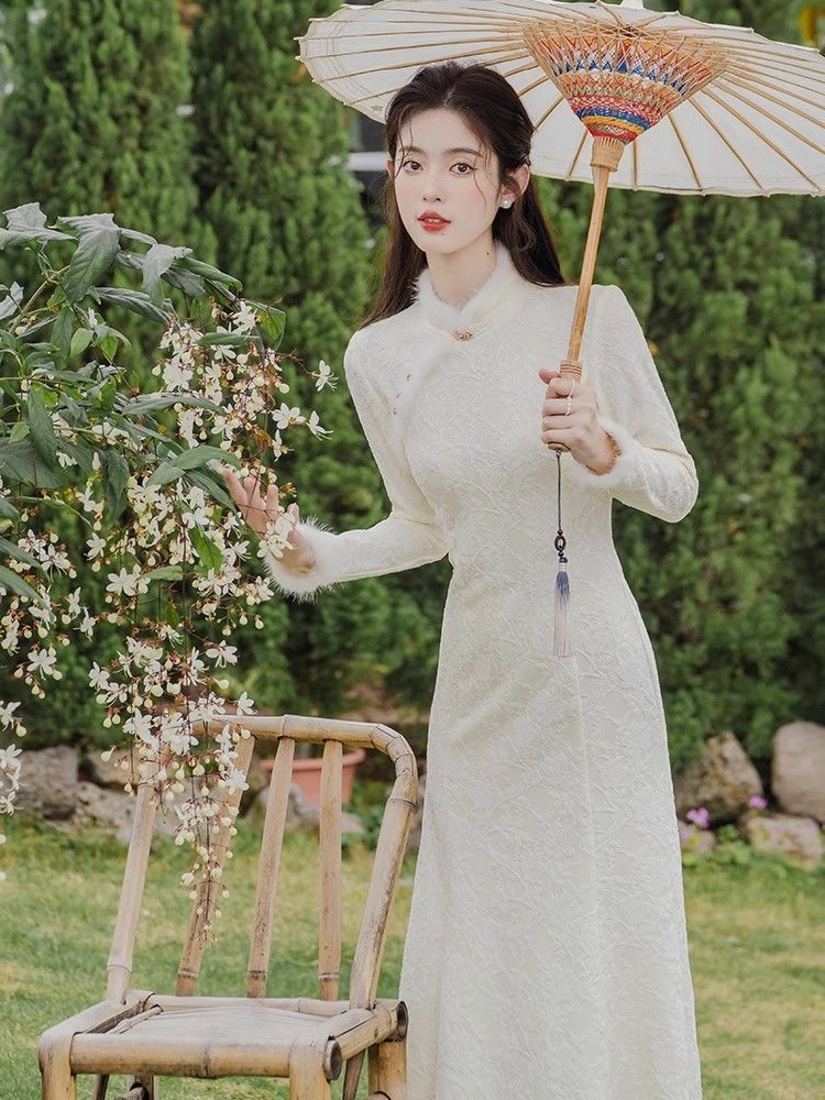 《年年如意》暗紋加絨加厚毛邊改良顯瘦優雅魚尾旗袍長款連衣裙冬