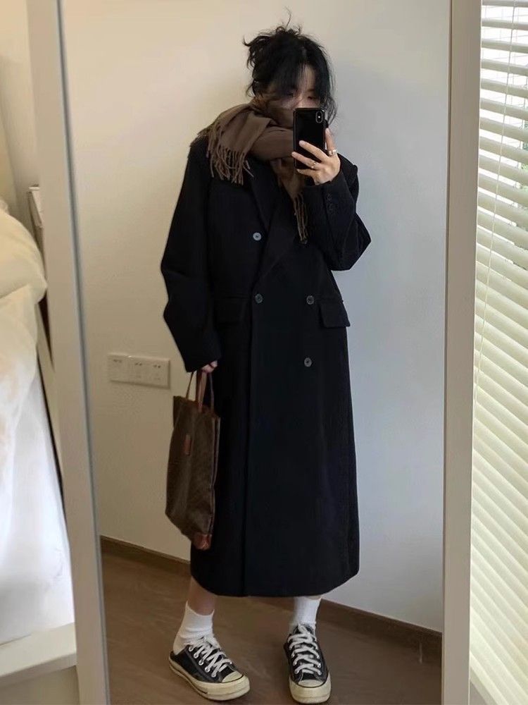 2023秋冬季韓系高級感赫本風呢子大衣女中長款黑色毛呢外套小個子