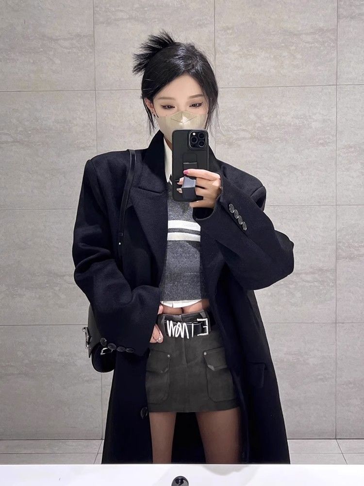 Woolen black high-end coat women's autumn clothing 2023 new Hepburn style loose mid-length coat autumn and winter