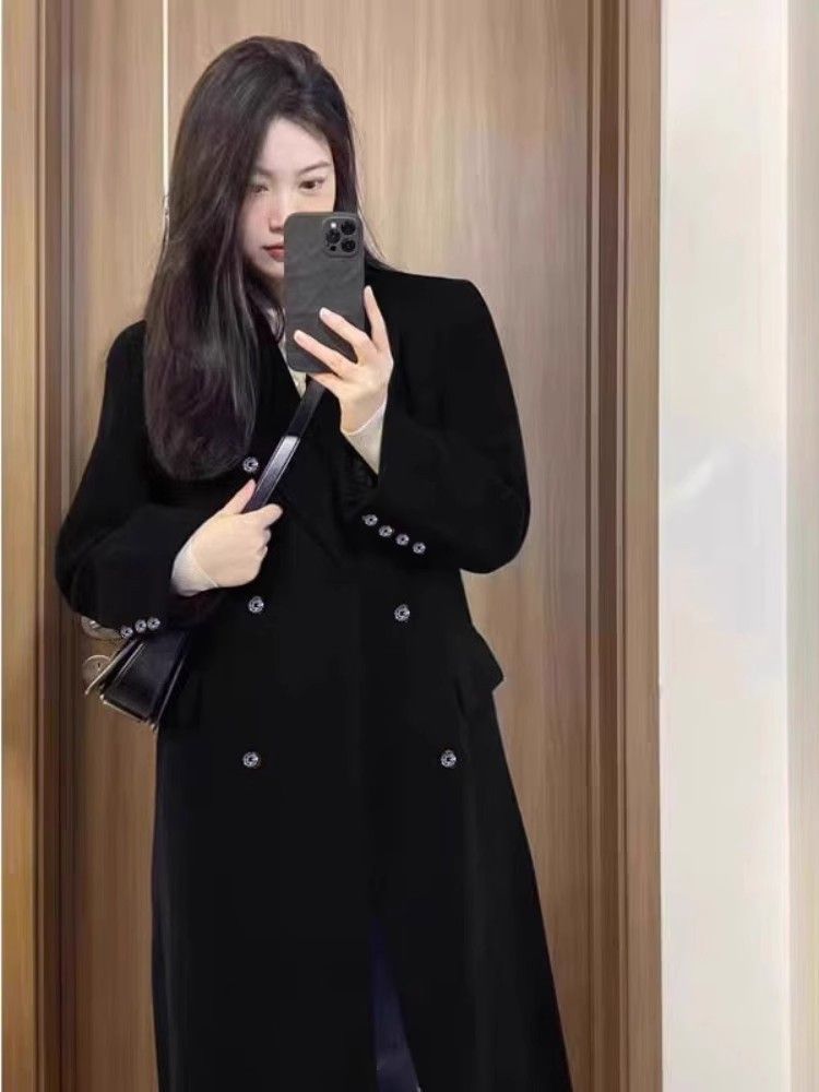 黑色長款呢子大衣女毛呢外套秋冬高級感小個子韓系2023新款赫本風