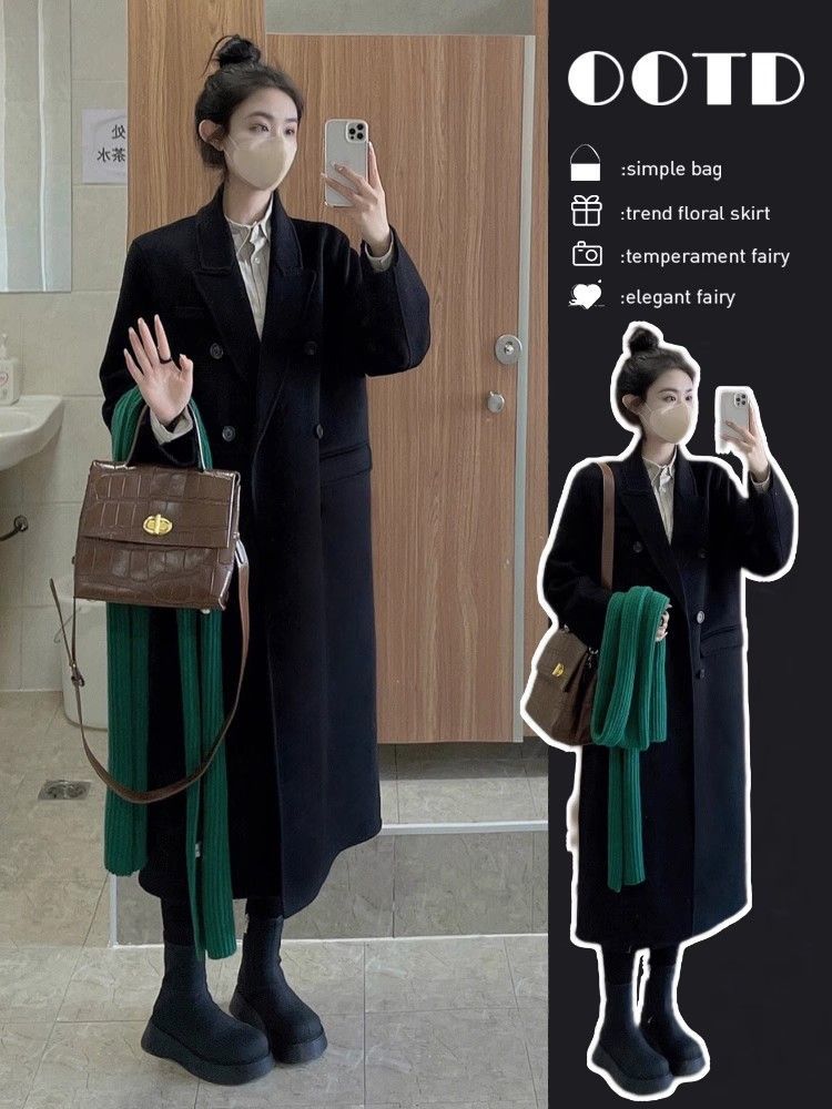 黑色毛呢外套女中長款2023冬季新款韓版高級感赫本風加厚呢子大衣