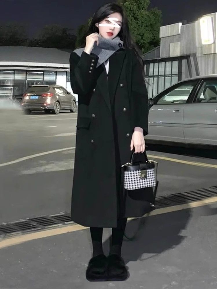 Black woolen coat for women 2023 new Korean style Hepburn style knee-length long versatile fashionable student woolen coat