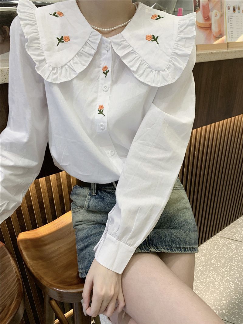 French sweet embroidery doll collar long-sleeved shirt women's  autumn new design niche chic top