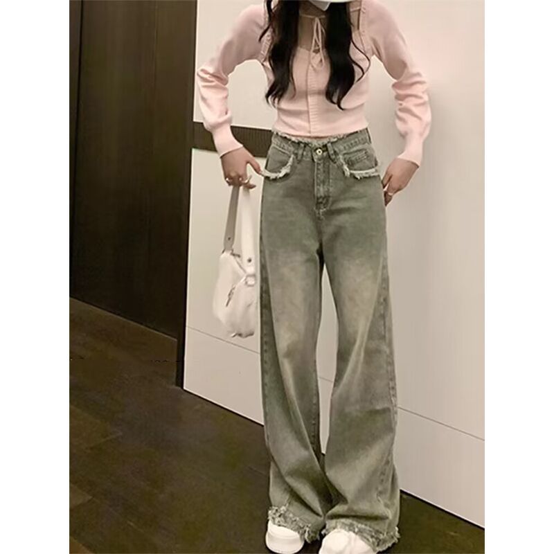 美拉德復古小個子闊腿牛仔褲女秋冬ins新款高腰顯瘦拖地直筒褲子