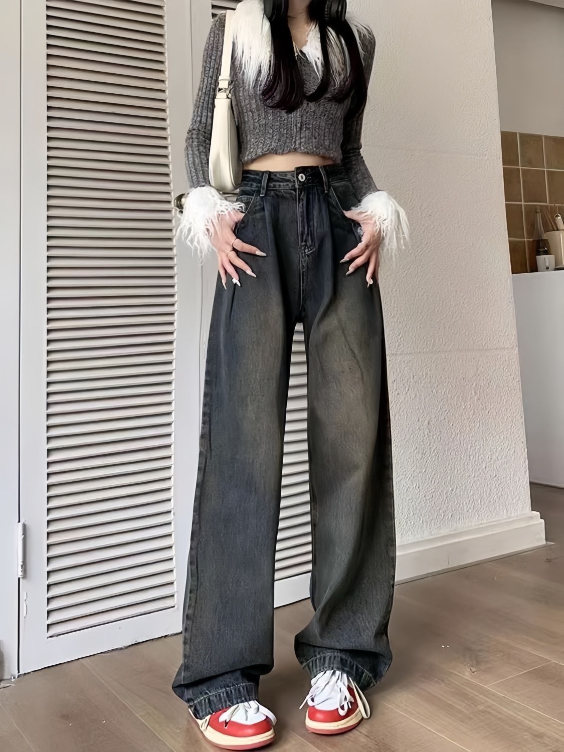 美式復古垂感闊腿牛仔褲女秋冬新款設計感高腰寬鬆顯瘦直筒拖地褲