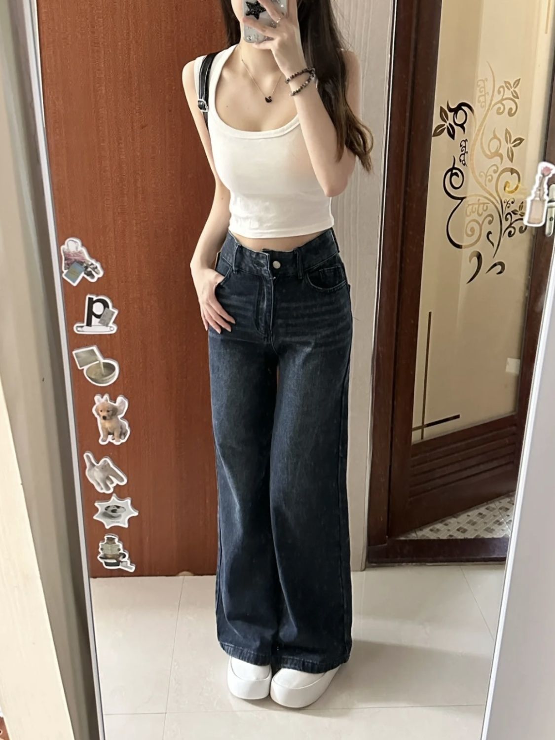 做舊復古藍牛仔褲女秋季水洗百搭高腰顯瘦闊腿褲寬鬆直筒拖地褲子