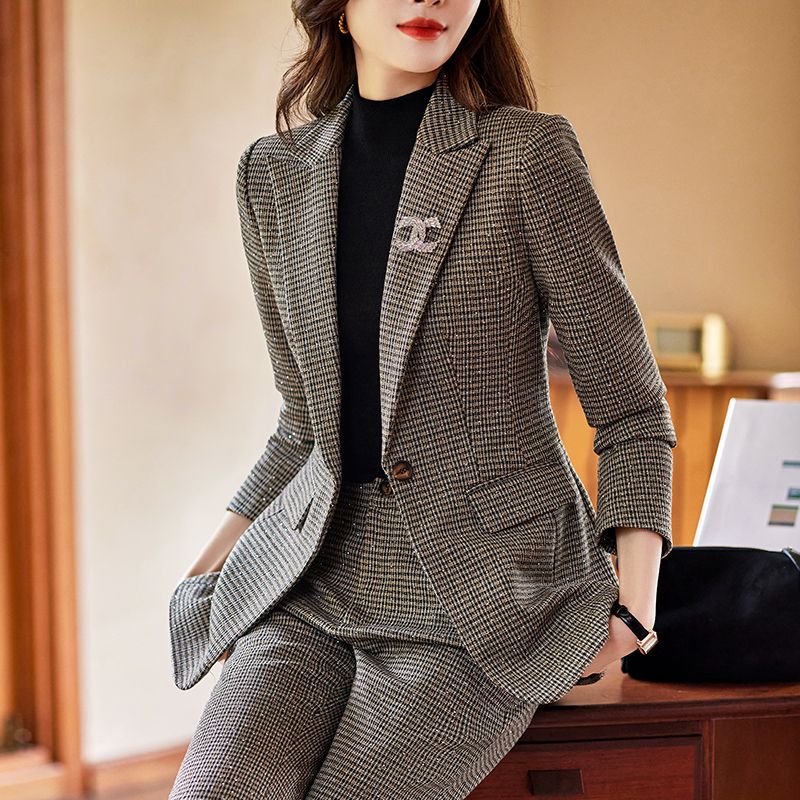 千格子西裝外套女2023新款秋冬高級感時尚通勤休閒女神范西服套裝