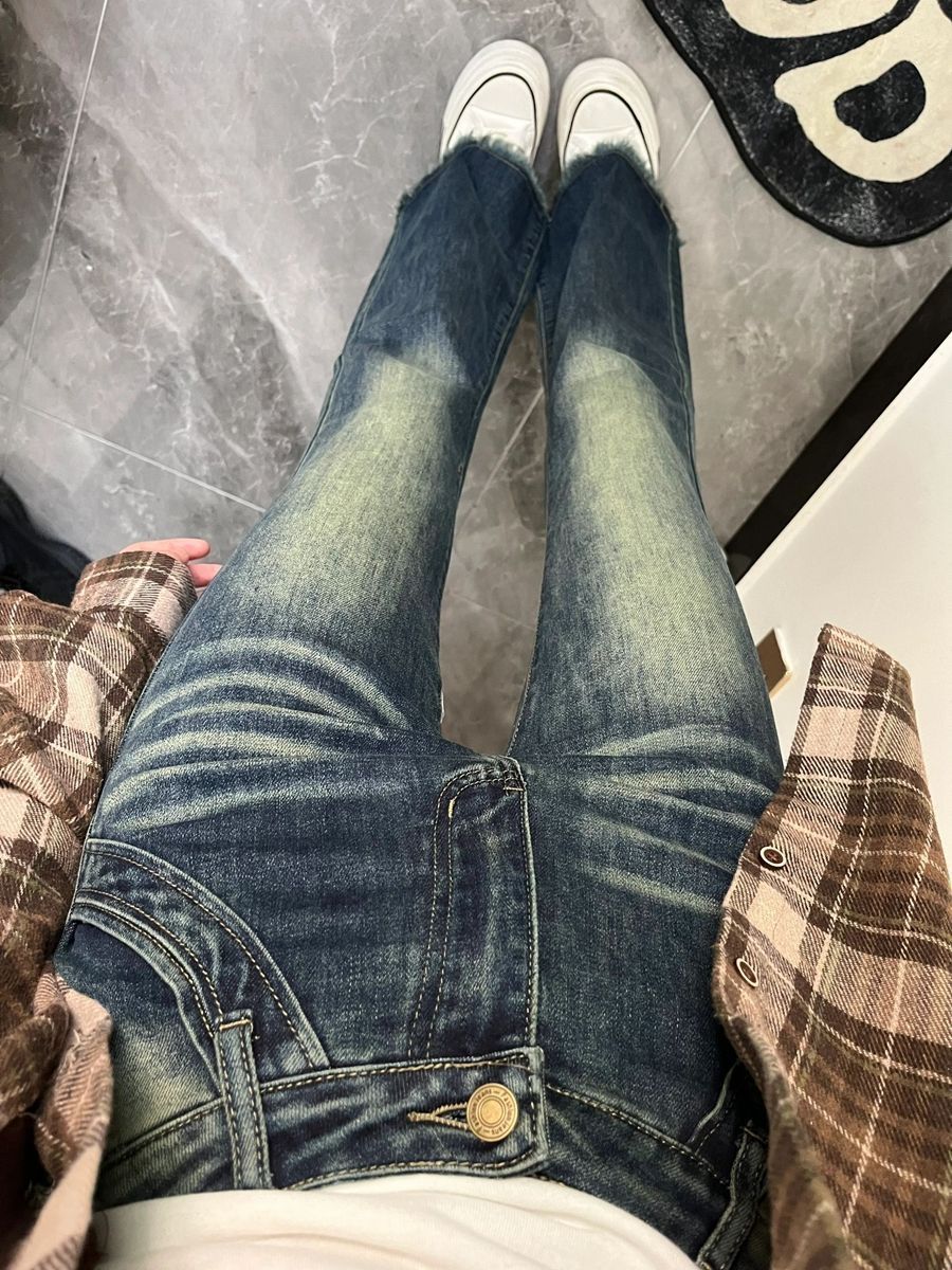 美式復古高腰微喇叭牛仔褲女小個子秋季設計感毛邊修身顯瘦直筒褲