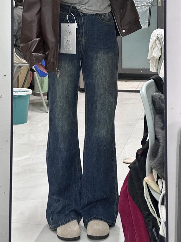 高個子加長美式復古微喇叭牛仔褲女寬鬆顯瘦百搭直筒拖地闊腿褲潮