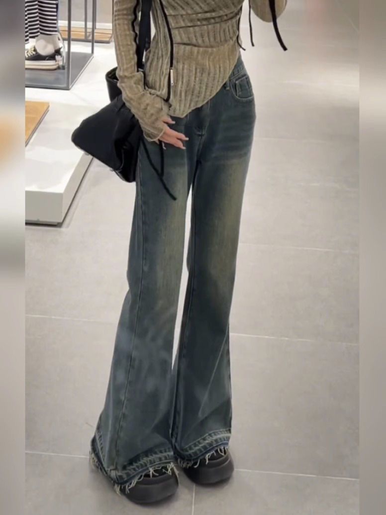 美式復古高腰微喇叭牛仔褲女小個子秋冬新款直筒顯瘦寬鬆闊腿長褲