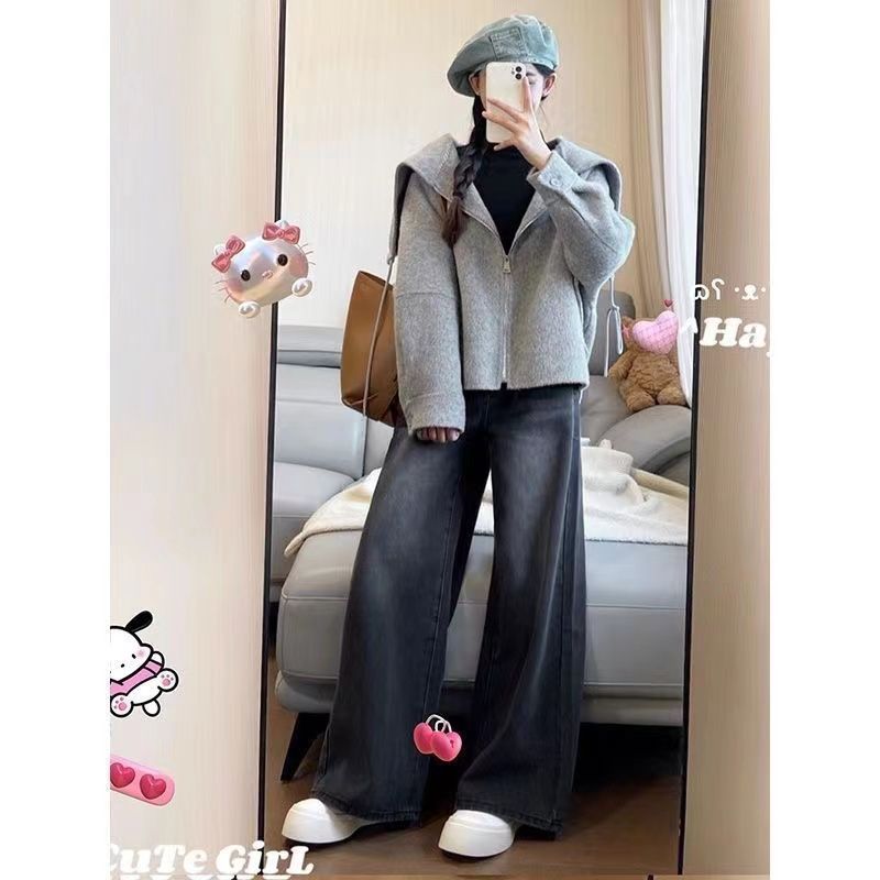 復古小個子黑灰高腰直筒牛仔褲女矮個子秋冬款百搭顯瘦顯高闊腿褲