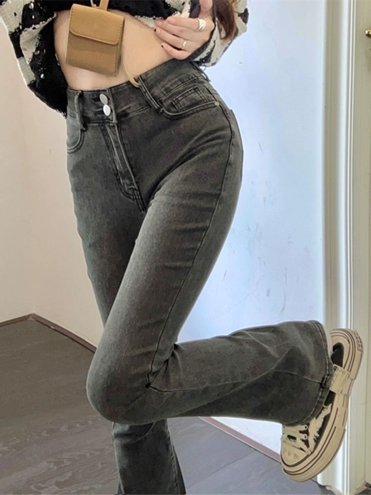 煙灰色微喇牛仔褲女秋冬季新款高腰顯瘦高個子百搭闊腿馬蹄褲ins