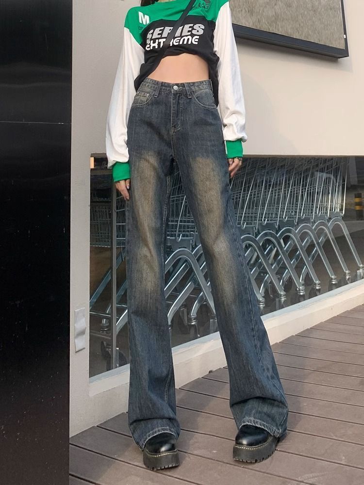 復古高腰闊腿微喇牛仔褲女秋冬新款寬鬆直筒顯瘦加長拖地喇叭褲子