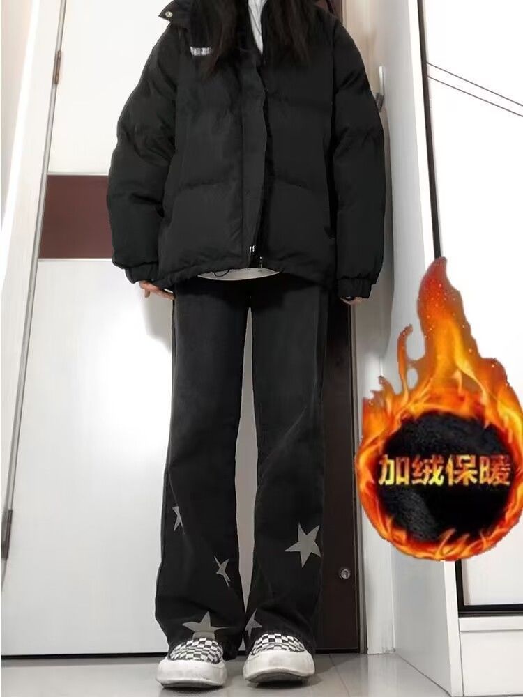 加厚加絨美式高街星星窄版直筒牛仔褲女秋冬新款高腰寬鬆闊腿褲子
