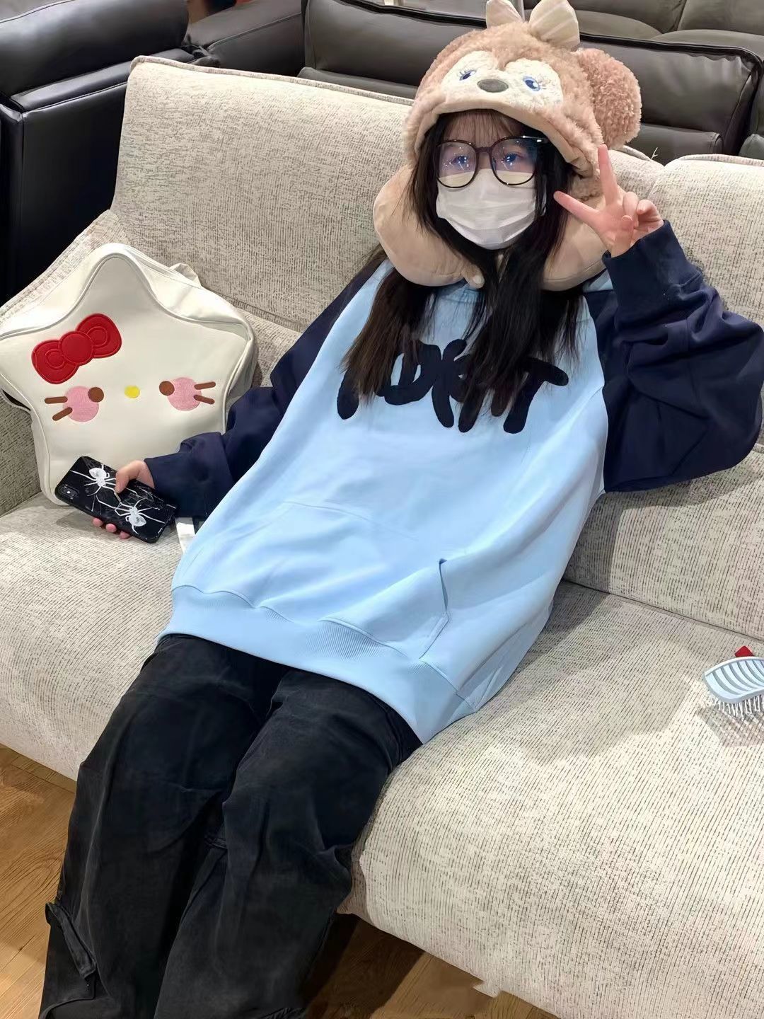 拼色連帽衛衣秋冬季加絨加厚慵懶風寬鬆女2023新款韓版百搭寬鬆潮