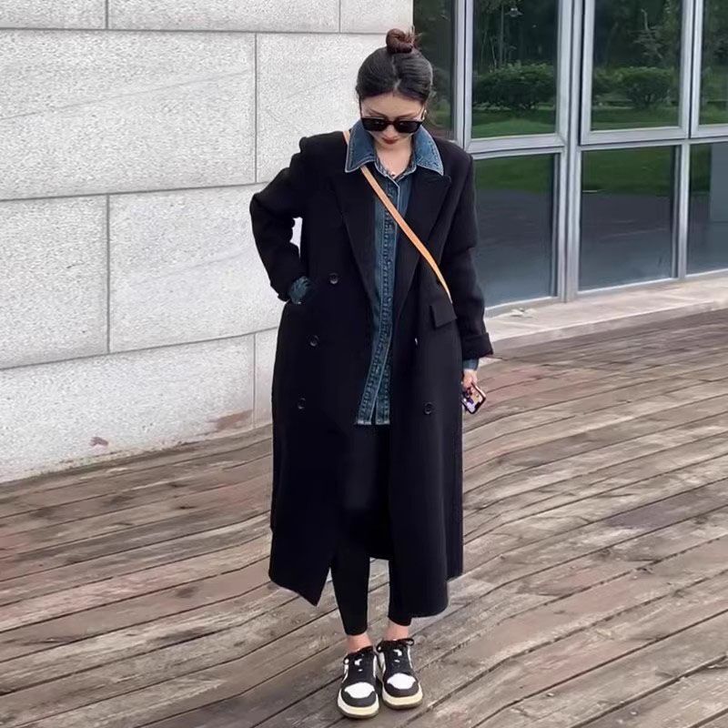 高級感黑色毛呢外套女2023年新款秋冬季小個子中長款呢子大衣加厚