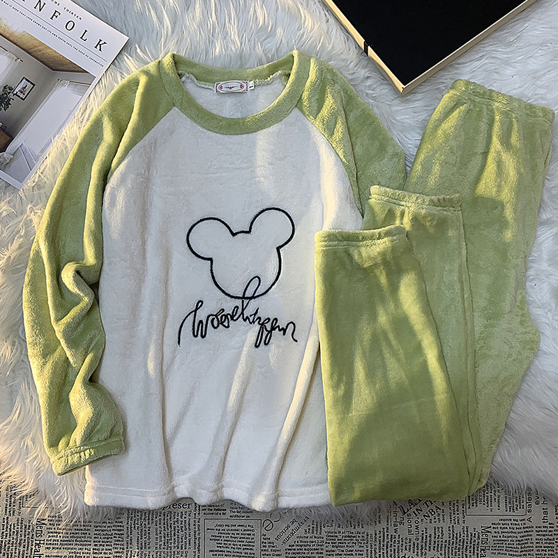 新款珊瑚絨睡衣女士秋冬季加厚細絨法蘭絨長袖套裝甜美卡通家居服