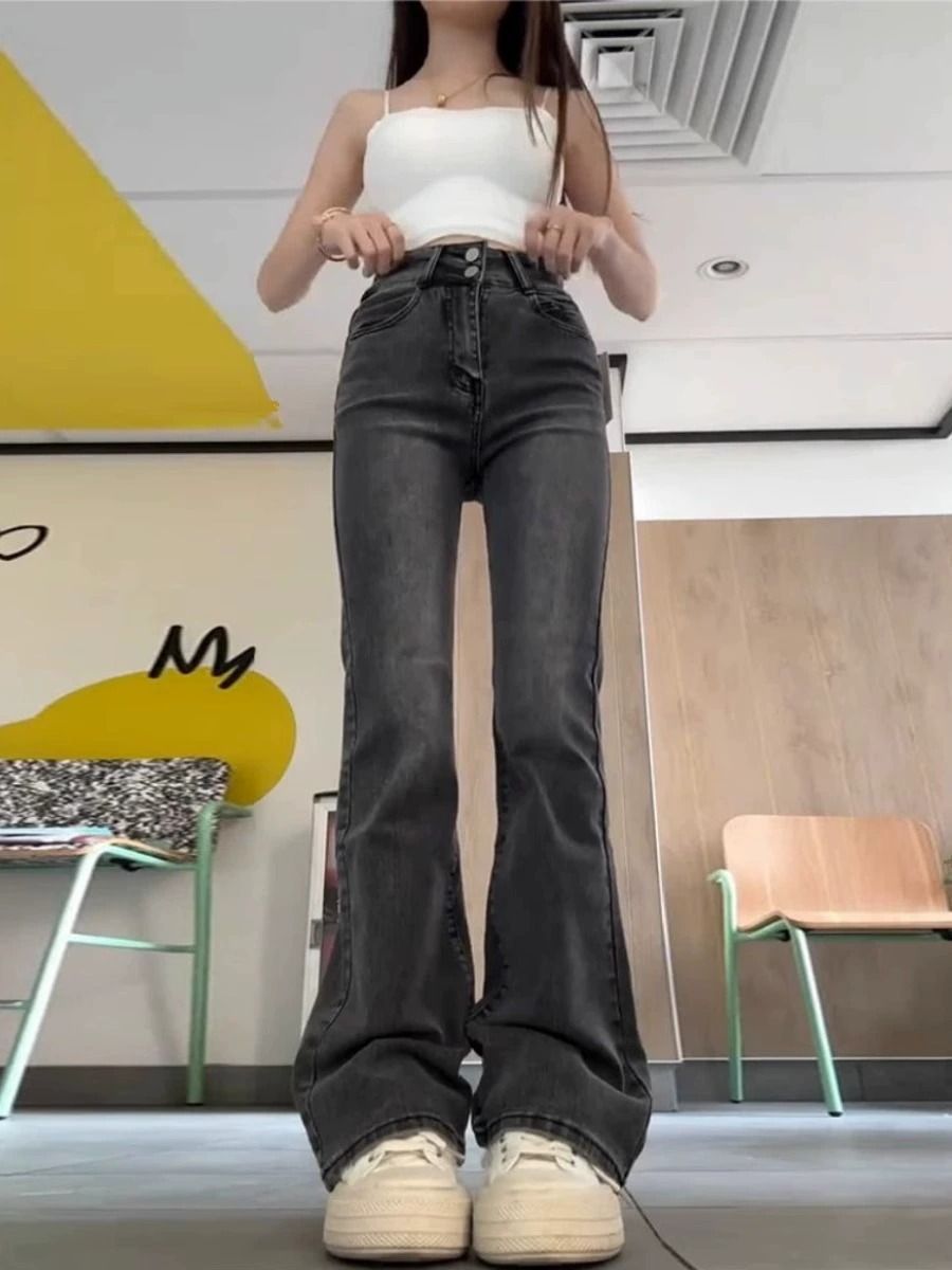 美式復古煙灰色微喇牛仔褲女秋季新款高腰彈力百搭簡約拖地喇叭褲