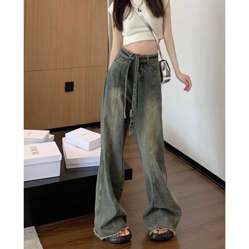 工裝牛仔褲女小個子秋季高腰綁帶設計感毛邊寬鬆顯瘦直筒闊腿褲