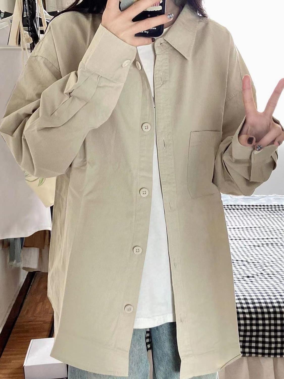2023春秋款灰綠色純棉襯衫內搭疊穿女寬鬆百搭顯瘦長袖襯衣外穿潮
