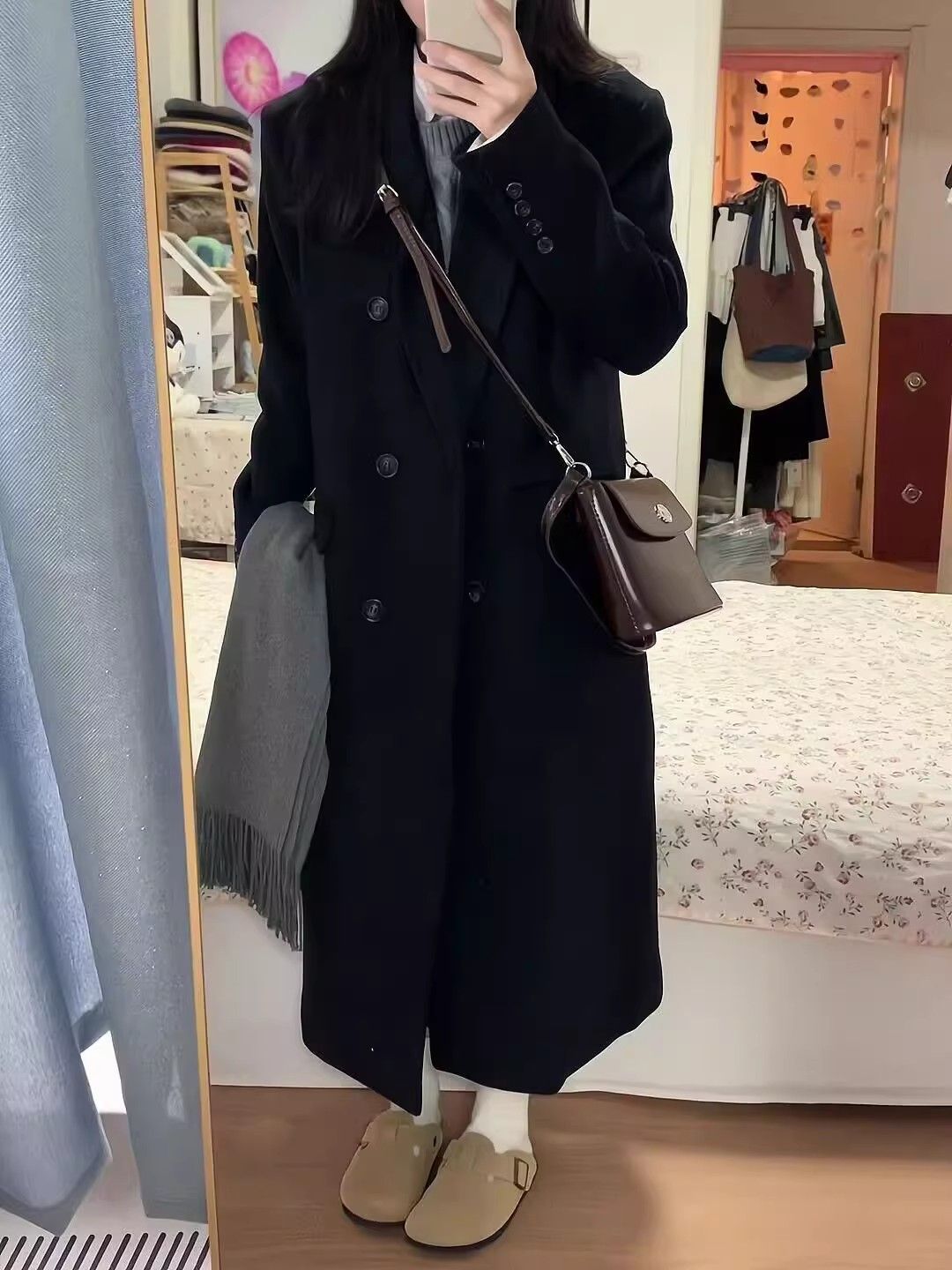 黑色毛呢大衣女2023新款氣質赫本風過膝超長百搭時尚復古呢子外套