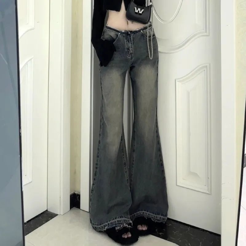 做舊復古微喇毛邊牛仔褲女2023秋冬新款高腰修身顯瘦直筒喇叭長褲