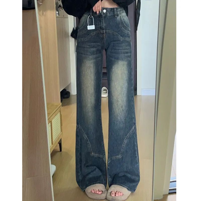 美式辣妹復古做舊牛仔褲女2023秋冬新款高腰寬鬆顯瘦闊腿拖地褲子