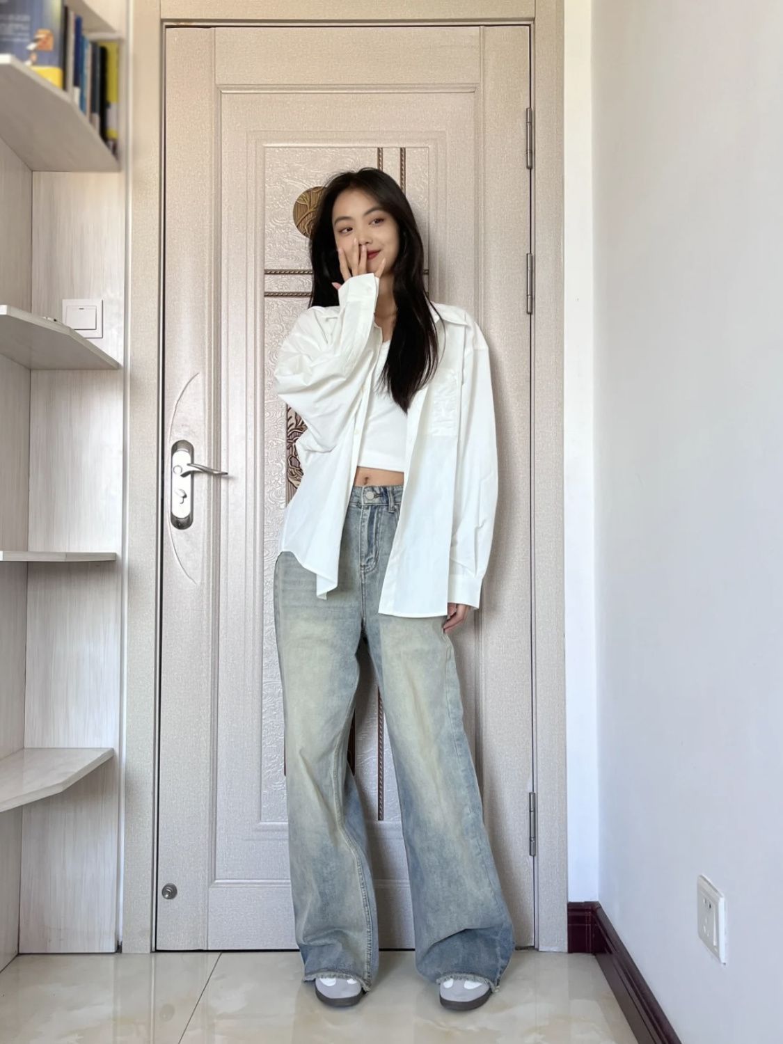 美式復古做舊水洗毛邊闊腿高腰牛仔褲女2023新款寬鬆顯瘦直筒長褲