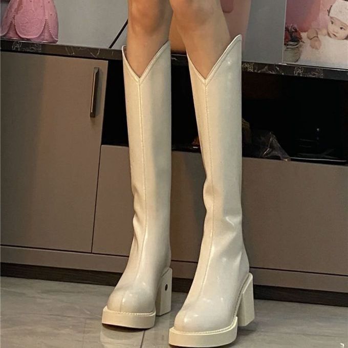 Very good-looking! White boots for women 2022 new thick-soled V-neck slimming British-style boots for women, knight boots