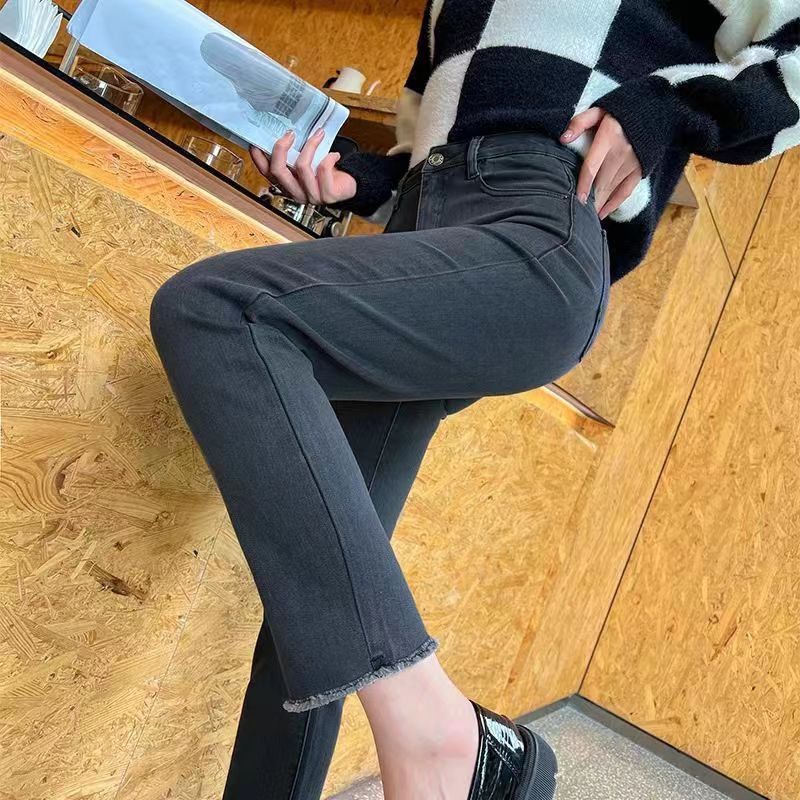 煙灰色直筒牛仔褲女八九分褲2023年春秋高腰顯瘦小個子毛邊煙管褲