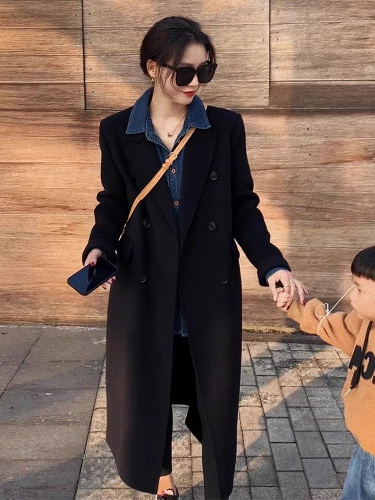 黑色毛呢大衣女中長款2023新款韓版寬鬆顯瘦過膝加厚呢子西裝外套