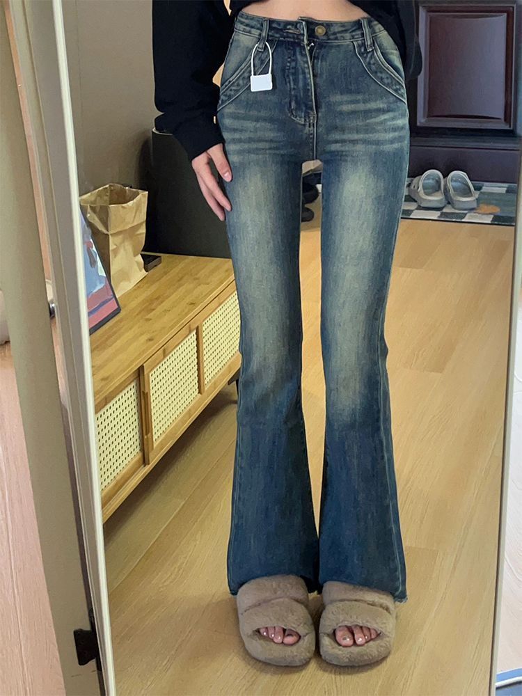復古懷舊藍色牛仔褲女秋季新款美式高腰修身顯瘦微喇叭拖地長褲子