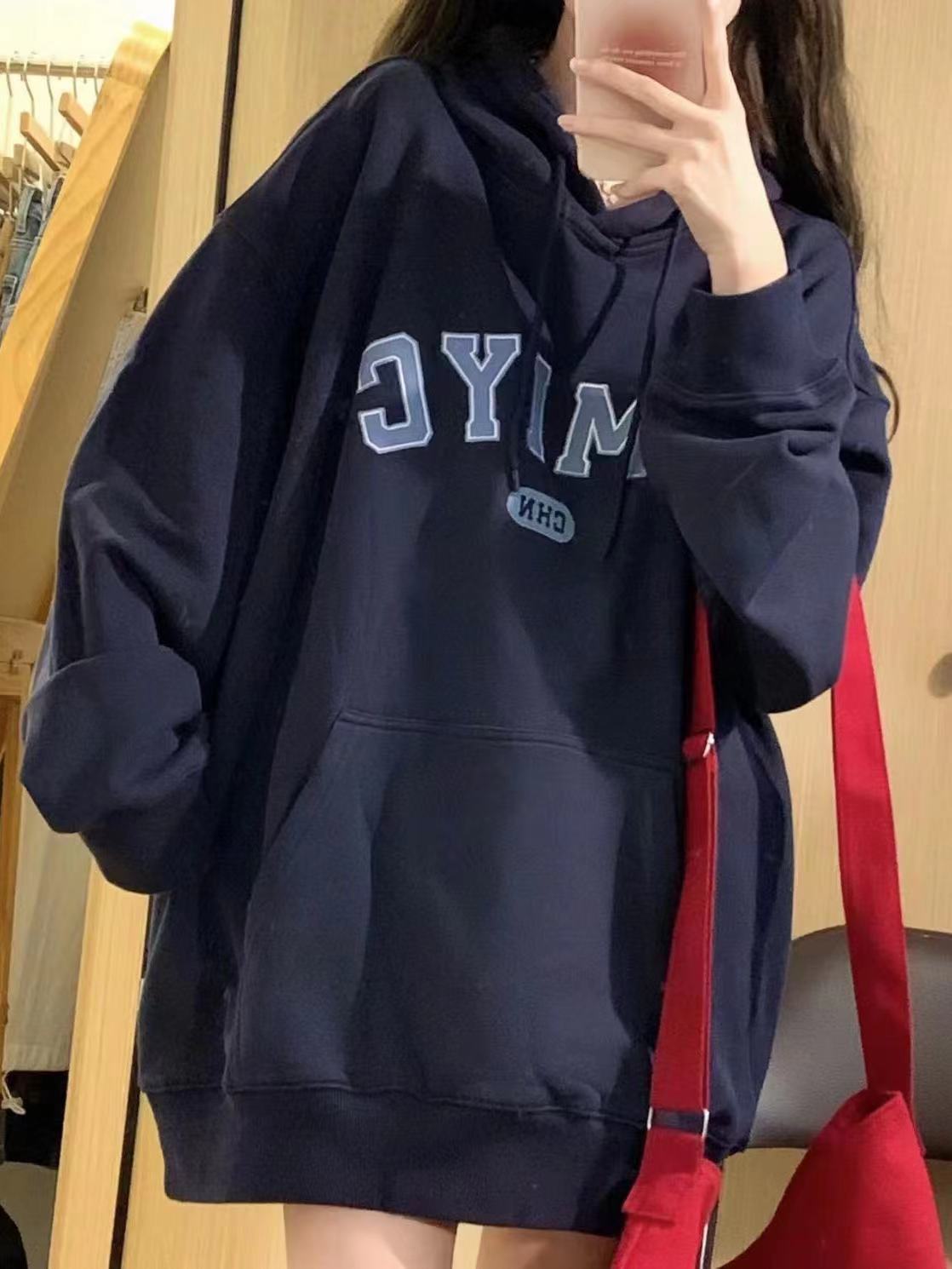 National trend brand navy blue hooded American hooded sweatshirt for women autumn and winter style plus velvet and thickened new long-sleeved letter print trend