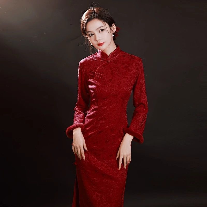 加絨敬酒服旗袍2023新款冬季加厚長袖年輕款蕾絲訂婚新娘結婚禮服