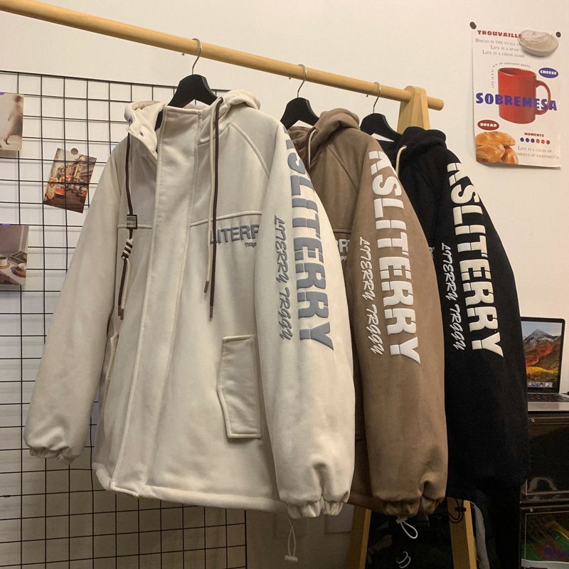 冬季情侶棉服2023新款連帽棉衣加絨加厚保暖麂皮絨短款外套棉襖男
