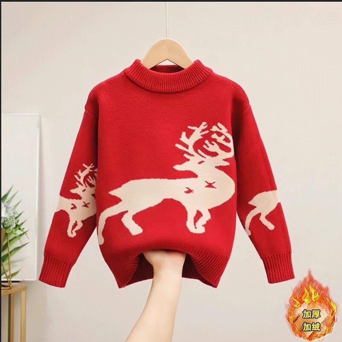 男童冬装毛衣红色本命年2023新年新款中大儿童装冬季加绒加厚帅气