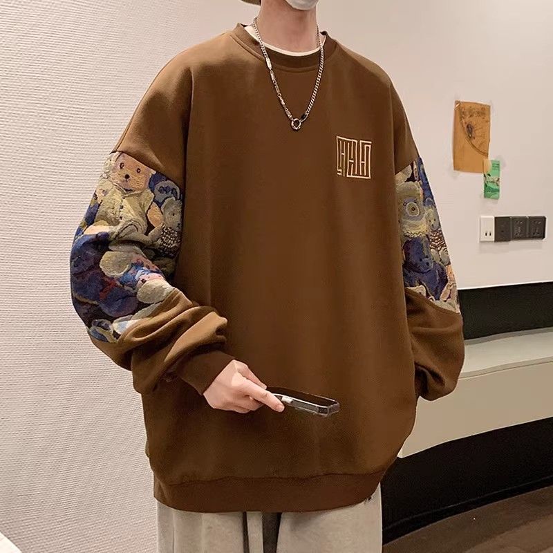 國風衛衣男小熊刺繡秋冬加絨加厚圓領套頭上衣oversize新中式外套