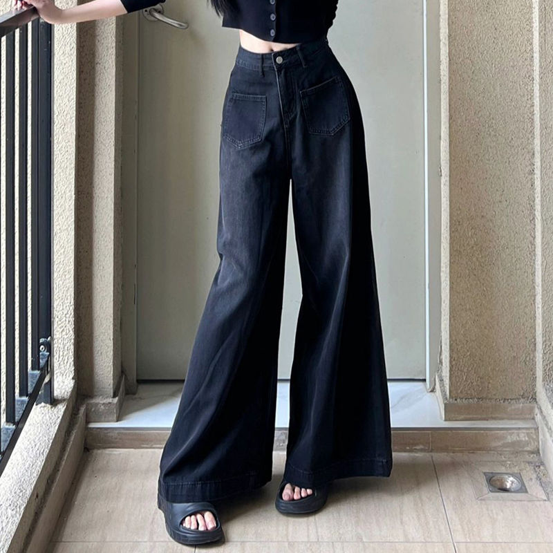 復古做舊黑灰色大闊腿牛仔褲女秋季小個子高腰寬鬆顯瘦垂感拖地褲