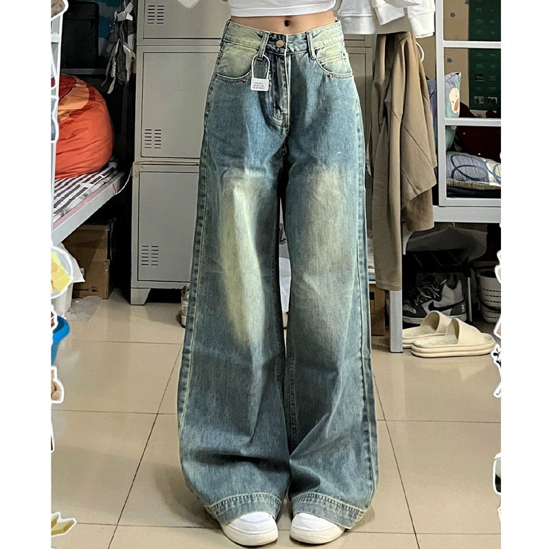 復古做舊直筒牛仔褲女秋季新款小個子寬鬆垂墜感高腰闊腿拖地長褲