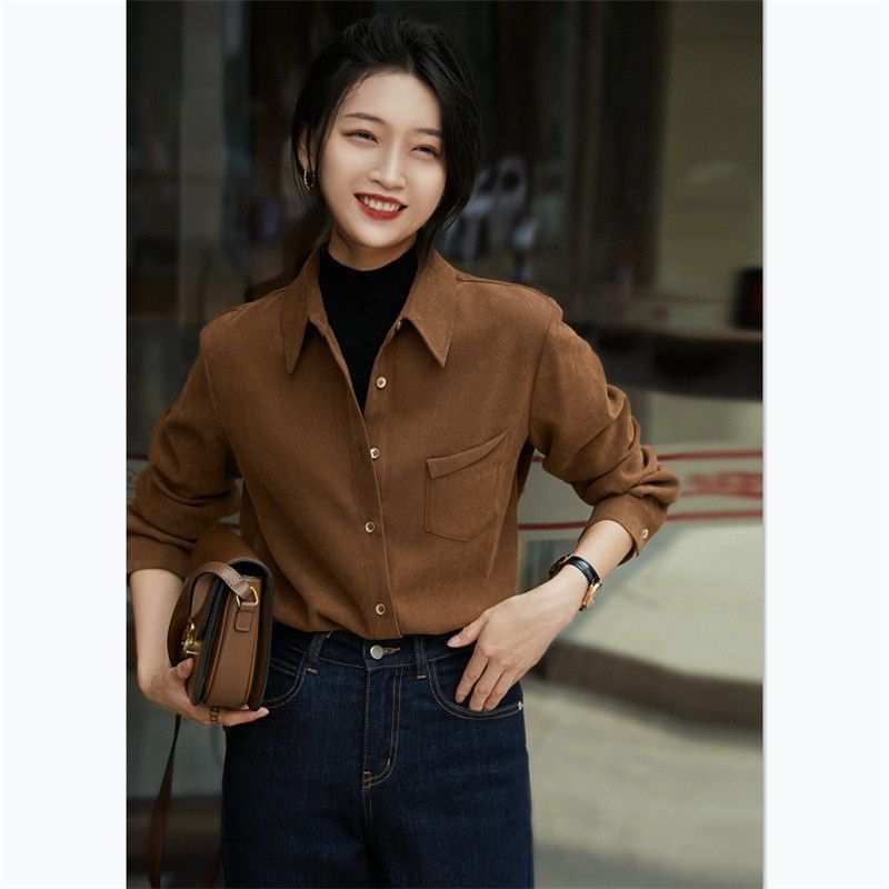 港味簡約百搭秋季美拉德長袖襯衫通勤氣質polo領疊穿OL純色上衣女