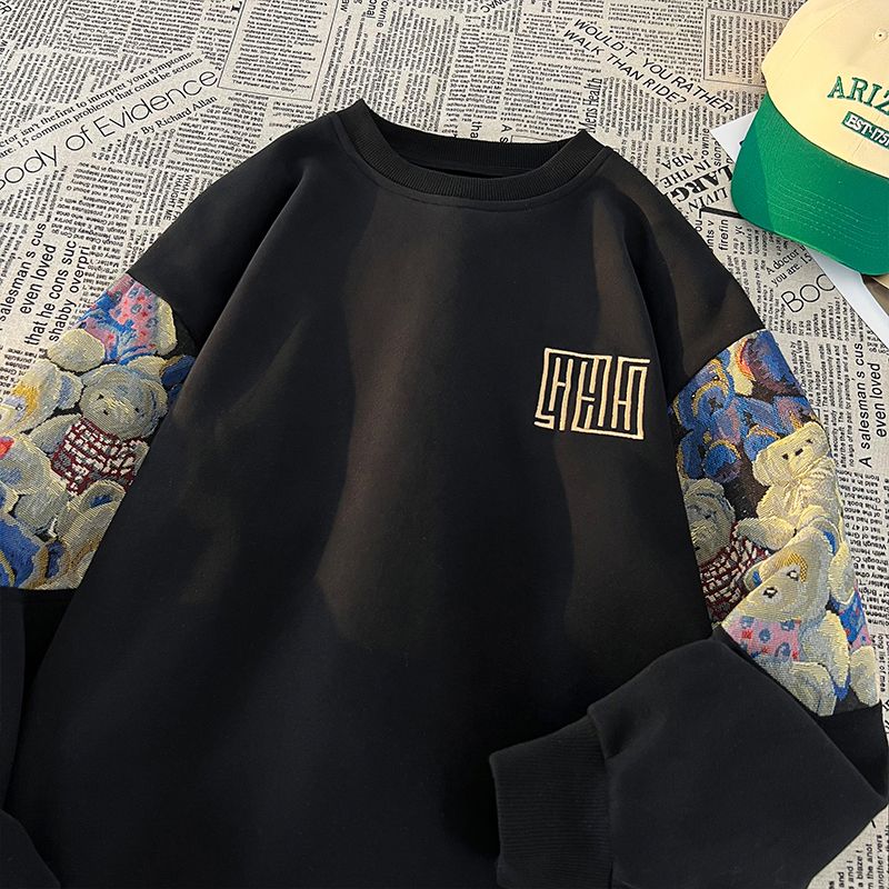 新中式潮牌刺繡拼接加絨衛衣男冬季國風oversize衣服長袖圓領上衣