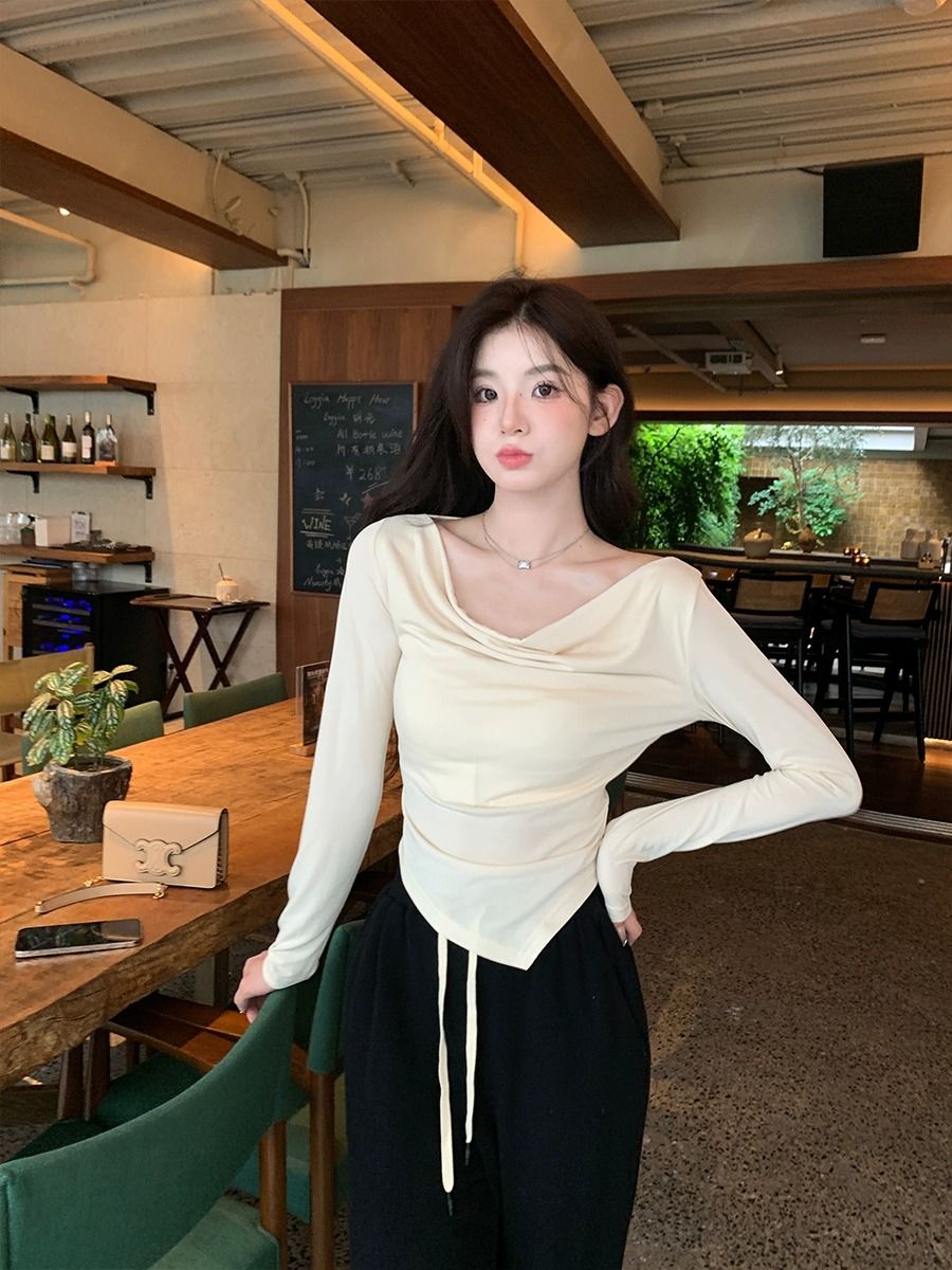 辣妹不規則盪領正肩長袖t恤女秋季純欲風修身顯瘦打底衫短款上衣