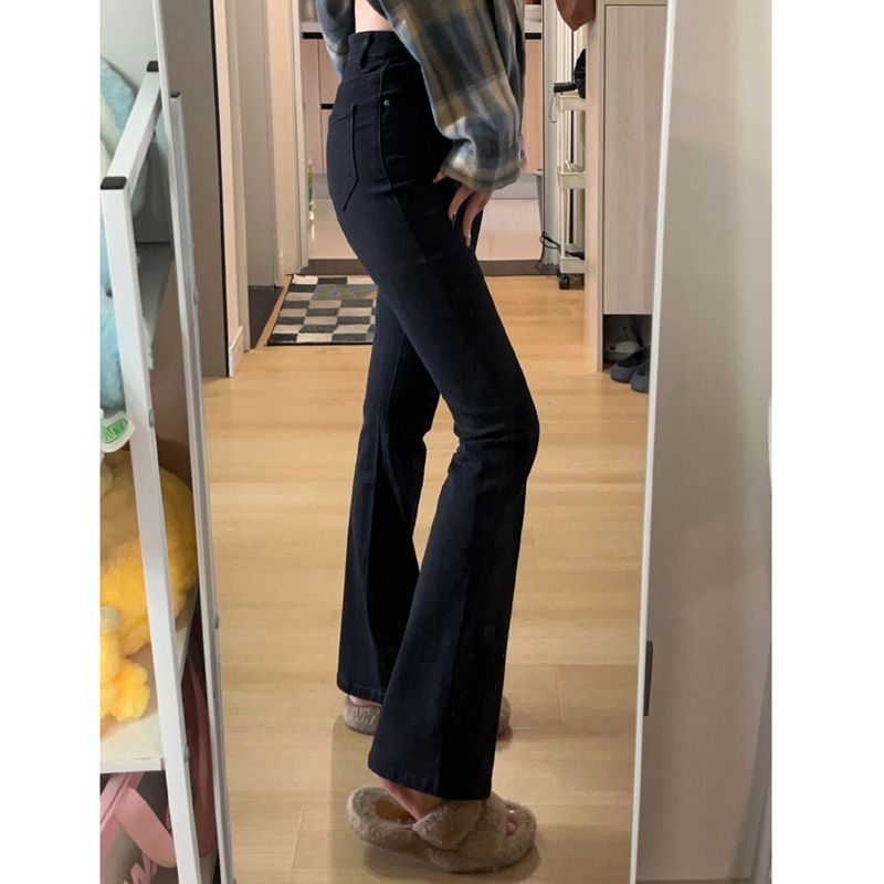 美拉德黑色復古微喇牛仔褲女秋冬小個子緊身顯瘦拖地褲馬蹄長褲潮