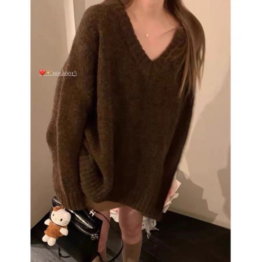 慵懶風軟糯V領大毛衣女2023秋冬新款寬鬆外穿套頭休閒針織衫上衣