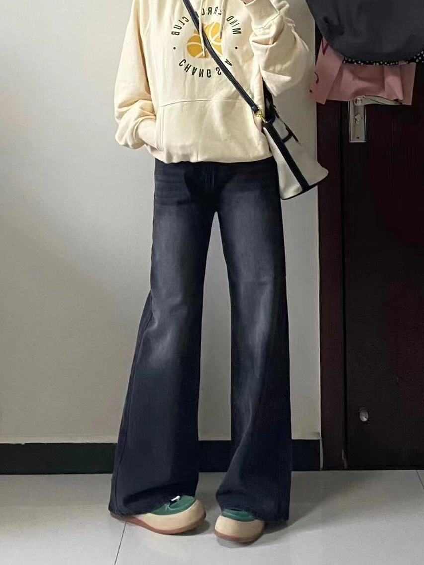 黑灰色直筒牛仔褲女寬鬆秋裝2023年新款春秋季小個子高腰闊腿褲子