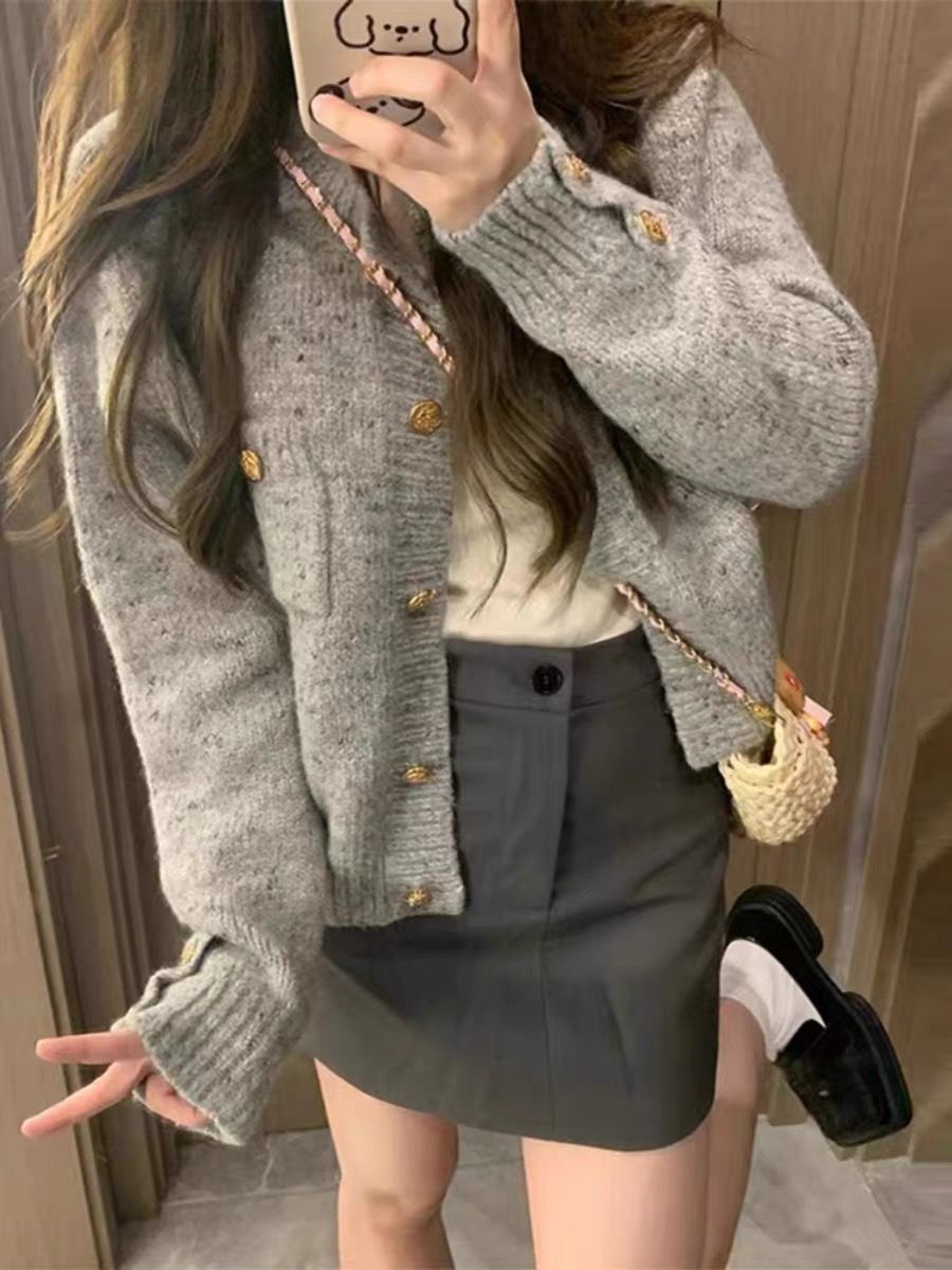 Retro lazy style gray knitted cardigan top for women autumn and winter new large size loose soft waxy sweater jacket