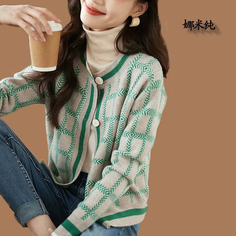 格子拼色休閒開衫毛衣女2023秋季新款時尚減齡寬鬆針織衫外套毛衣