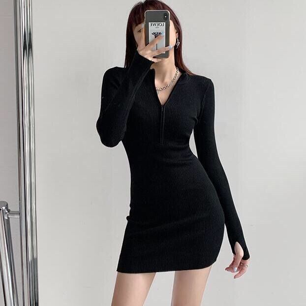 Hot girl pure lust style zippered half-high collar hip-covering slim bottoming women's autumn and winter long-sleeved little black skirt tight dress