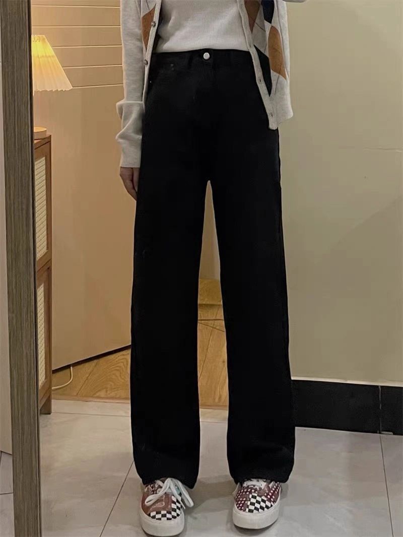 高街百搭黑色闊腿牛仔褲女秋冬新款高腰寬鬆顯瘦墜感直筒拖地褲潮